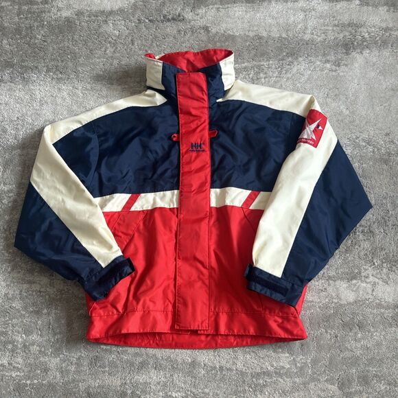 Helly Hansen Sailing Ski Jacket Men Small 46-48 Chest Hidden Hood Red White Blue - Picture 1 of 14